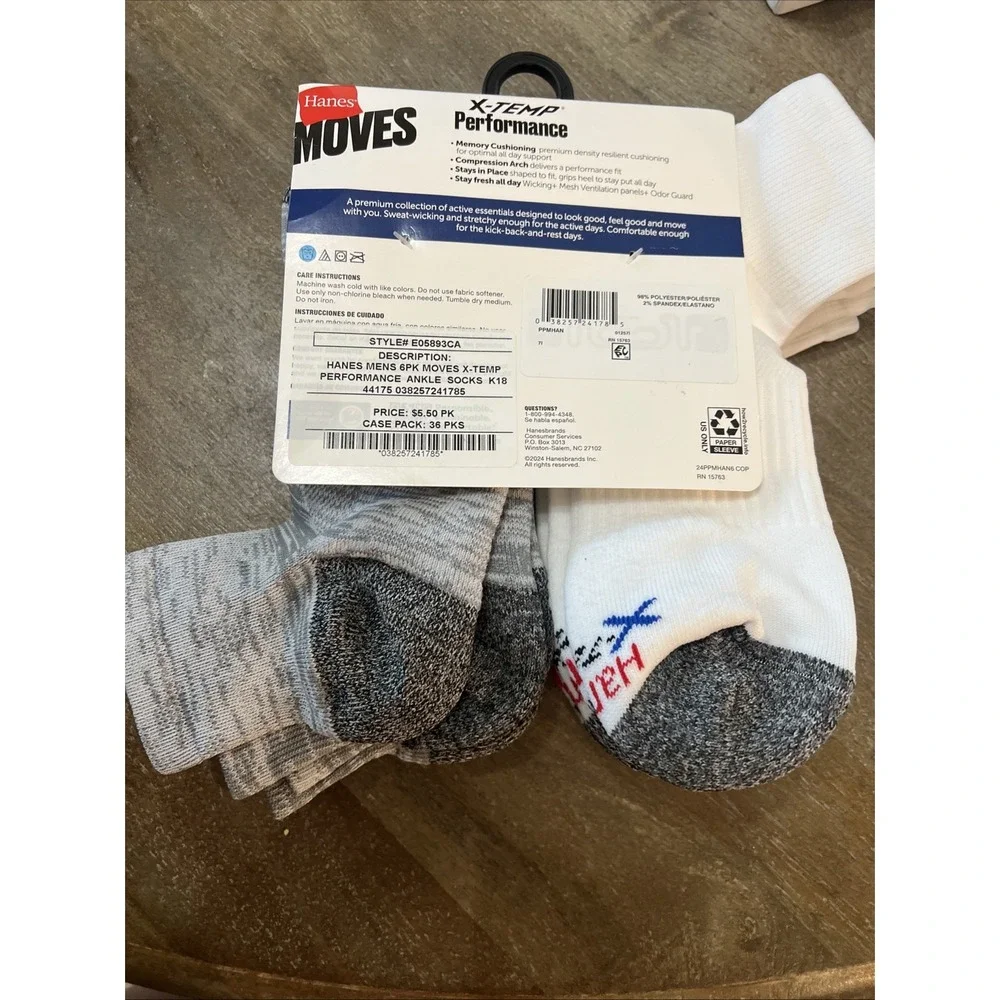 HANES X-TEMP PERFORMANCE MEMORY CUSHION COMPRESSION ARCH 6PK. ANKLE SOCKS 6-12